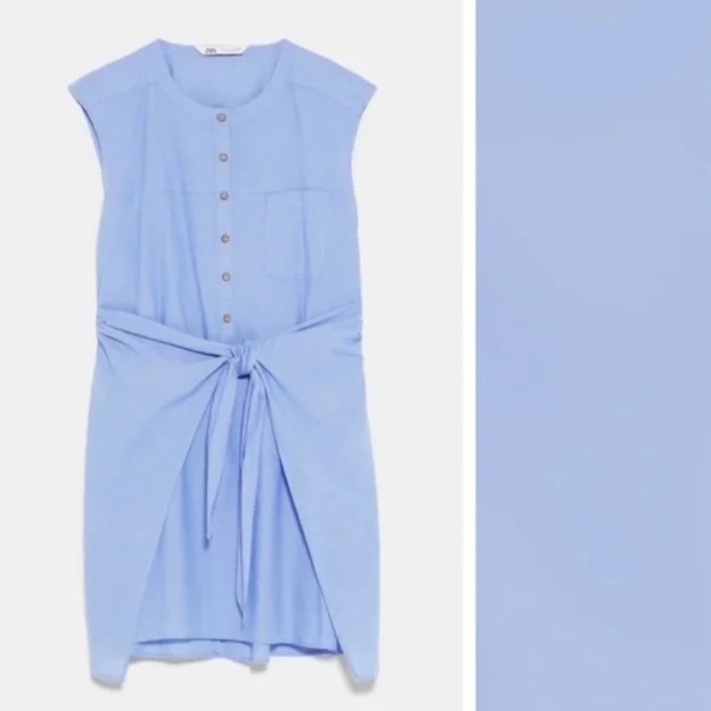 ZARA Knotted Tie Front Sleeveless Shirt Dress Tunic Light Blue Size XS - Picture 4 of 14